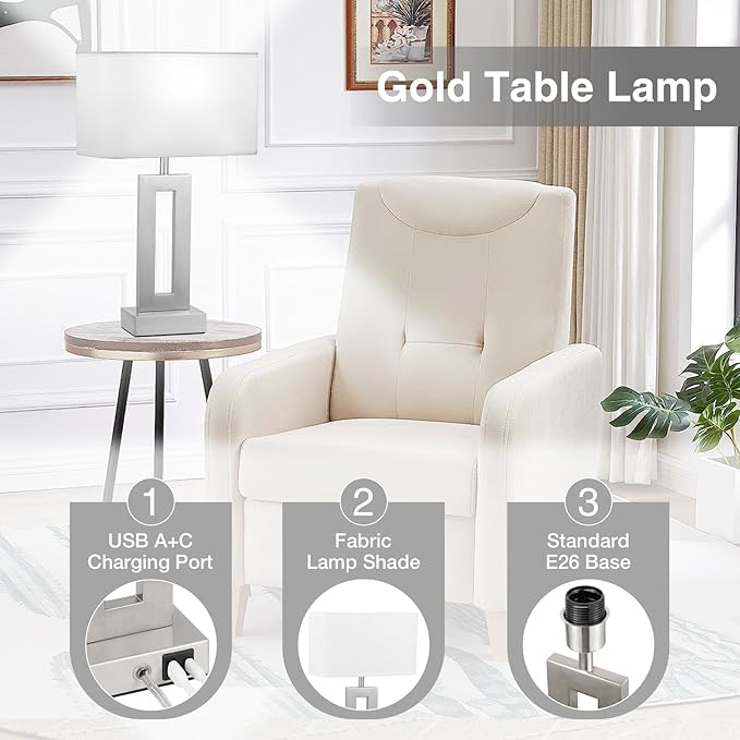 Bedroom Table Lamps Set of 2 - White Silver Touch Bedside Lamps with USB C+A, 3 Way Dimmable Gold Lamp for Nightstand, Modern Night Stands Lamps for Living Room End Tables