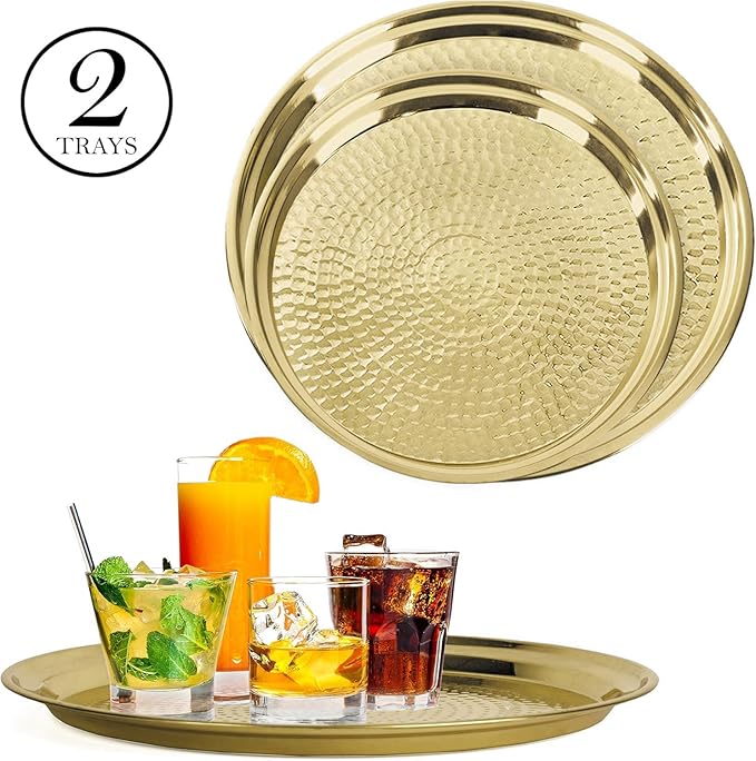 Gold Tray - 2 Pack - Large 15 Inch, Medium 13 Inch - Stainless Steel Decorative Serving Trays