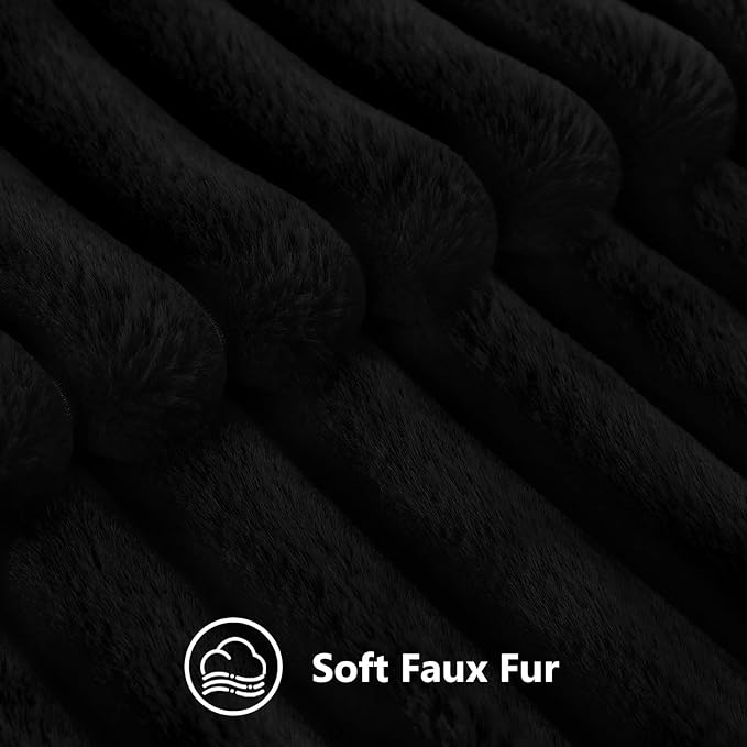 decorUhome Faux Fur Throw Pillow Covers 12x20 Set of 2, Decorative Soft Plush Striped Lumbar Neutral Couch Euro Pillow Covers with Velvet Back for Sofa, Bed, Living Room Home Decor, Black