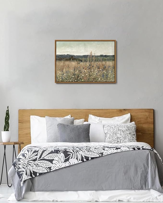 KISSFOX Vintage Landscape Canvas Wall Art Fall Farmhouse Wildflower Field Framed Wall Art Autumn Natural Serene Countryside Paintings Artwork Rustic Art Prints For Bedroom Bathroom Living Room