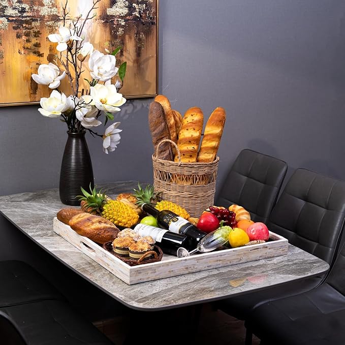 PEMAR Extra Large 20" Square Mother of Pearl Ottoman Tray with Insert Handles, Oversized Decorative Luxury Wooden Serving Tray for Food, Coffee Table, Breakfast in Bed (White Cream)