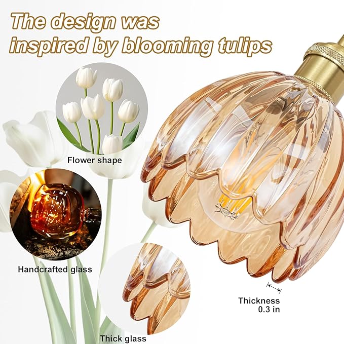 Vintage Bathroom Light Fixtures,2-Light Hardwired Vanity Lights Over Mirror,Gold Wall Sconces with Amber Tulip Glass Shade for Bathroom Living Room,E26 Socket(Bulbs Not Included)