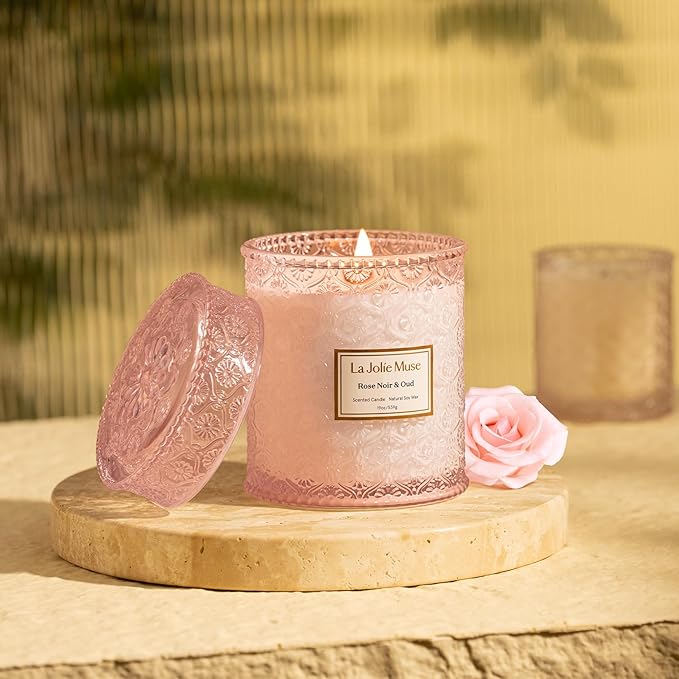 LA JOLIE MUSE Rose Noir & Oud Scented Candle – Lemon, Rose & Oud |19 oz Large Wooden Wick Candle | Natural Soy Wax | 90 Hours Clean Burn | Gift-Ready for Hosts & Gatherings | Elegant Home Décor