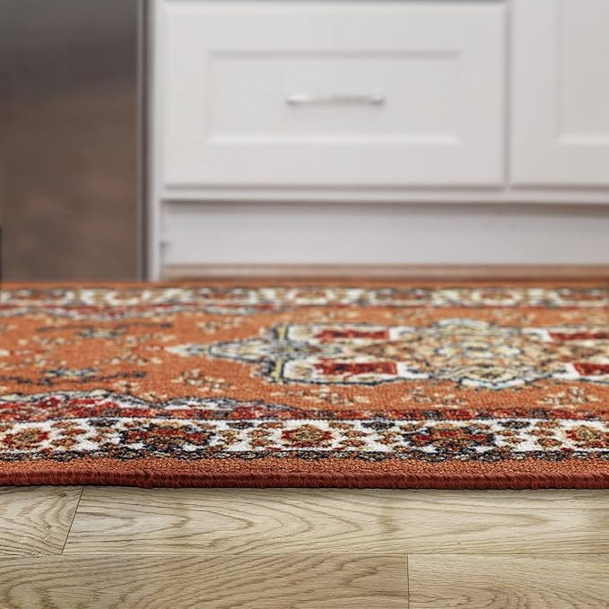 Antep Rugs Alfombras Oriental Traditional 2x5 Non-Skid (Non-Slip) Low Profile Pile Rubber Backing Kitchen Area Rugs (Rust Brown, 2' x 5' Oval)