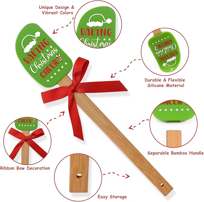 3PCS Christmas Silicone Spatula Set Decor Baking Gifts for Mom Flipping cake Food Grade Heat Resistant Kitchen Utensil Cooking Mixing Festival Wooden Handle and Ribbon Bows with greeting card present