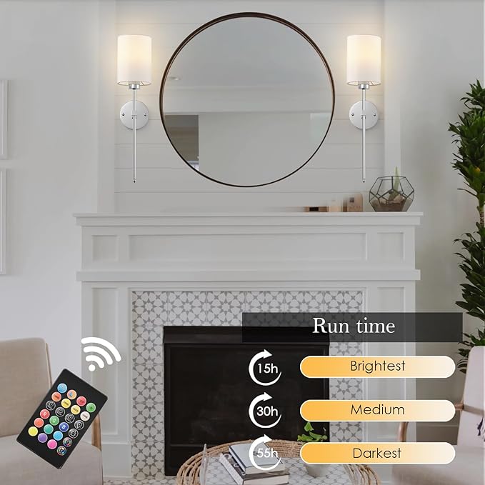 Battery Operated Wall Sconce Set of Two,Wireless Rechargeable Wall Light With Remote Control, Dimmable, 1800K/3000K/4000K/6000K/RGB, Timer, for Living Room, Bedroom, Fireplace, TV, 26.8 Inch, Chrome
