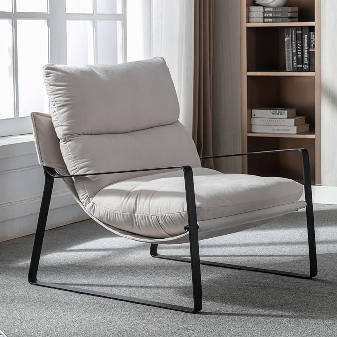 HEAH-YO Modern Accent Chair Set of 1, Comfy Living Room Chair with Removable Cushion and Solid Metal Frame, Chenille Fabric Reading Side Chair for Bedroom, White