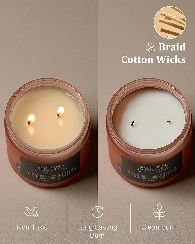 M&SENSE Fall Candle Autumn Wreath Scented, Large 11.6oz Natural Soy Wax 70 Hours Burn Time Clean Non Toxic Candle Classic 2 Wicks Gifts