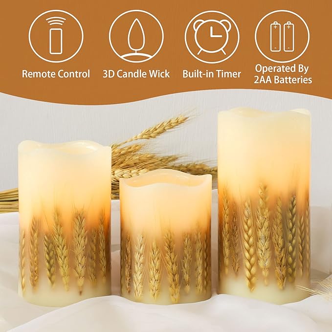 3 Pack Wheat Flickering Candles, Fall Decor Flameless Candles, Farm House Realistic Pillar Candle with Remote&Timer for Havest Celebration,Fall Decor, Home, Party