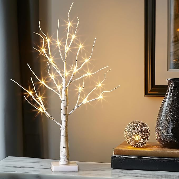 EAMBRITE Lighted Birch Tree Christmas Decorations for Home, White Birch Tree with Lights, 24 LED Lighted Mini Money Tree Twig Tree Battery Operated with Timer, Indoor Table Centerpiece Decor (2FT)