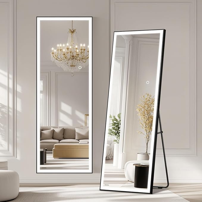 Kosmonia 66x24 Full Length Mirror, Dimmable 3 Color LED Light w/Light Memory, Distortion Free Silver Coating Mirror, HD Reflection &Anti Desilvering,Tempered Glass &Shatter Proof Film Doubles Safety