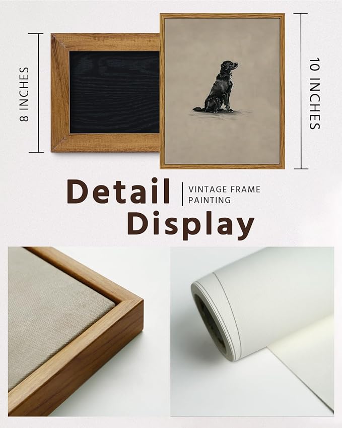 VIYYIEA Vintage Framed Black Dog Wall Art, Bedroom Living Room Minimalist Animal Art Decor, Antique Dog Canvas Print Paintings, Home Farmhouse Retro Still Life Decor, 8x10 Inch