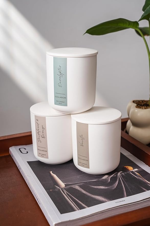 Luxury Eucalyptus Scented Soy Candle – 10oz Ceramic Jar with Crackling Wooden Wick, 60+ Hour Burn – Elegant Aromatherapy Candle for Home Décor & Gifts