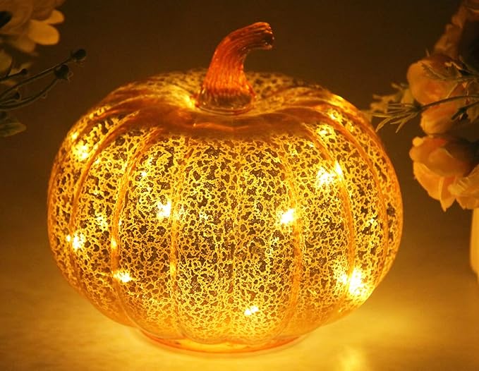 Mercury Glass Pumpkin Light with Timer, with 10 Fairy Lights Inside,Battery Operated Led Pumpkin Light,Ideal for Halloween Fall Decoration, Thanksgiving Rustic Decor, Xmas Decor (Gold)