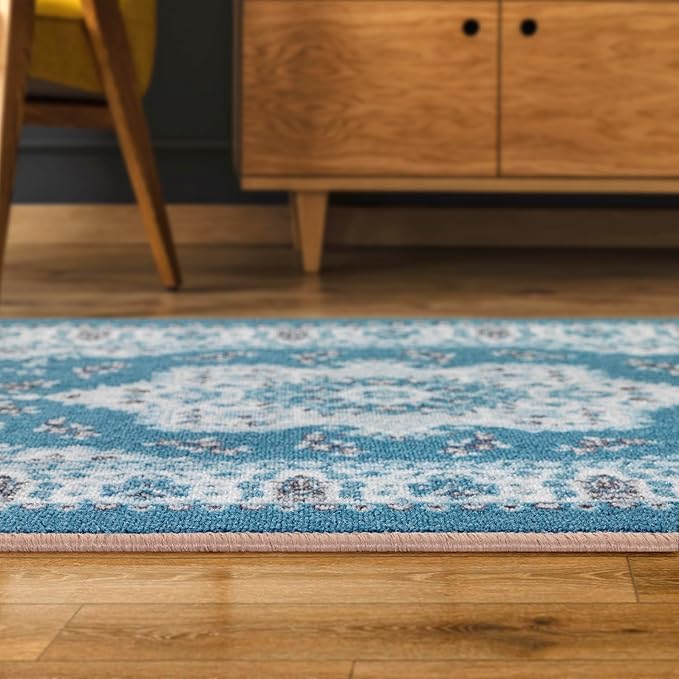 Antep Rugs Alfombras Oriental Traditional 2x7 Non-Skid (Non-Slip) Low Profile Pile Rubber Backing Indoor Runner Rugs (Turquoise Blue, 2' x 7')