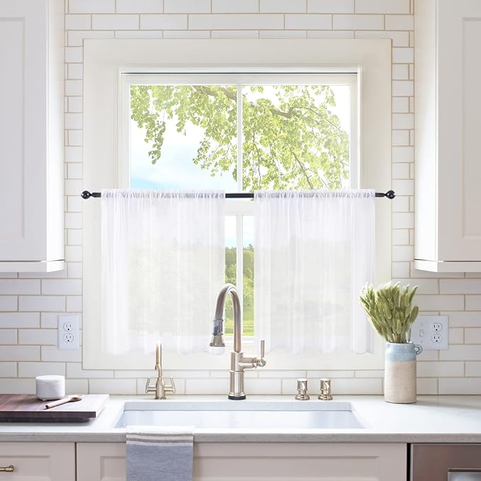 MIULEE 2 Panels Kitchen Tiers Half Window Sheer Curtains Rod Pocket Voile Drapes for Kitchen Bathroom Small Windows 29 by 24 Inch White