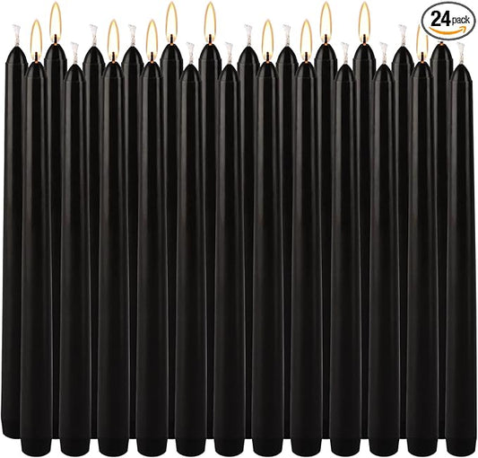 24-Pack Black Dripless Taper Candles -10 inch Tall- Cotton Wick, 7.5 Hour Clean Burning,Smokeless,Suitable for Home Decoration, Weddings, Religious Ceremonies, Holidays, Parties and Halloween.