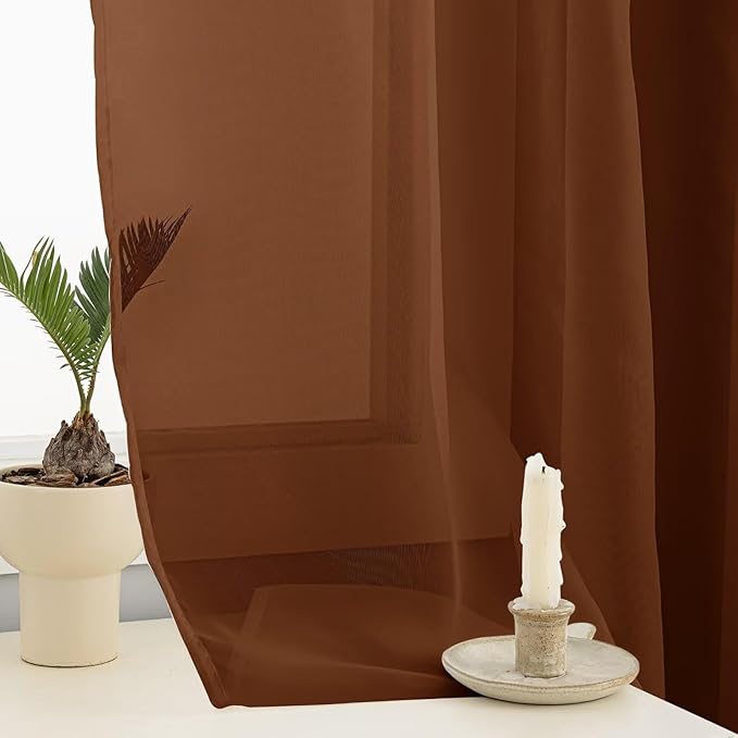 Sheer Curtains 72 Inches Long 2 Panels, Rod Pocket Short Curtain for Kitchen, Bedroom, Cafe Window(Brown 38" W x 72" L)