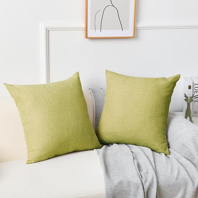 JIUZHEN 20x20 Inch Green Faux Linen Pillow Covers Set of 2, Farmhouse Rustic Decorative Cushion Covers for Sofa Bed, Soft Breathable Washable Zippered Pillowcase