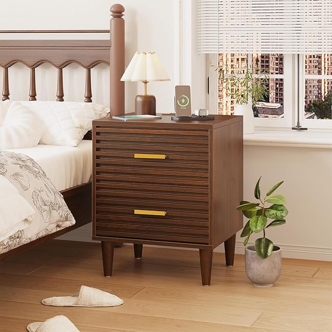 Alohappy Night Stands with Charging Station Set of 2, Mid Century Modern Nightstands, Wooden Bedside Table for Bedroom, End Table with Storage Drawers, Bed Side Table with USB Outlets, Brown 2pcs