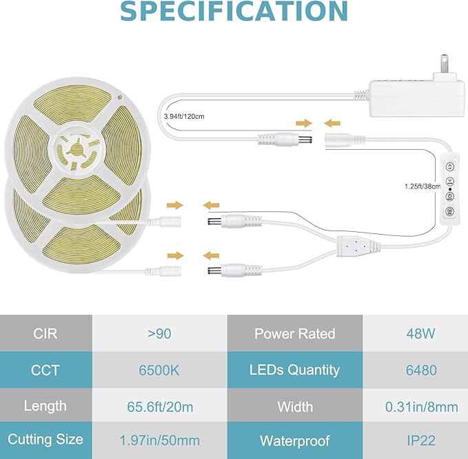COB LED Strip Light with Remote, 65.6ft Dimmable 6500K Super Bright Daylight White Led Lights Strip, 24V Flexible LED Tape Light for Bedroom, Kitchen, DIY Lighting (2 Rolls of 32.8ft)