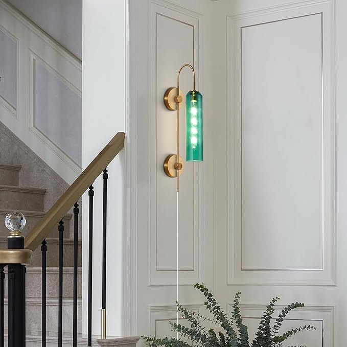 BOKT Modern Gold Plug in Wall Sconce Green Glass Bedside Wall Light Fixtures Plug in Cord Mid Century Long Metal Wall Sconce Single Bathroom Bar Wall Lamp (Green)