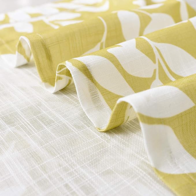Yellow and White Curtains for Living Room 54" Length Leaves Print Semi-Sheers Curtains for Kid's Room Windows, Mustard Yellow, Grommet Top, 2 Pack