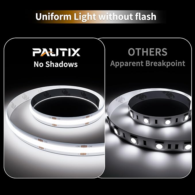 PAUTIX COB LED Strip Light IP65 Waterproof 32.8ft/10m 5040LEDs White 6000K,High Lumen Flexible CRI93+ LED Tape 24V Super Bright,for Home&Office Lighting Project(Adapter&Dimmer Sold Separately)