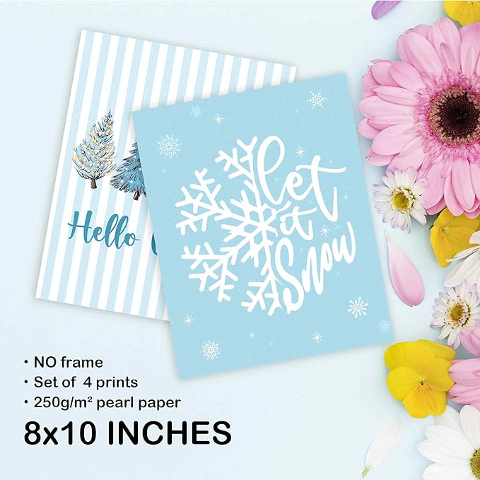 TLESKE Blue Winter Christmas Trees Let It Snow Posters Prints Unframed Set of 4, There Is Snow Place Like Home Wall Art Prints Decor for Bedroom Living Room, Hello Winter Snowmen Snowflakes Pictures, 8x10 Inches