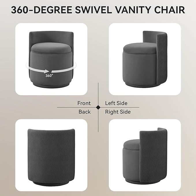 Velvet Vanity Chair with Storage, 360° Swivel Makeup Chair with Wave Back, No Assembly Small Accent Stool for Bedroom, Dressing, Living Room, Grey