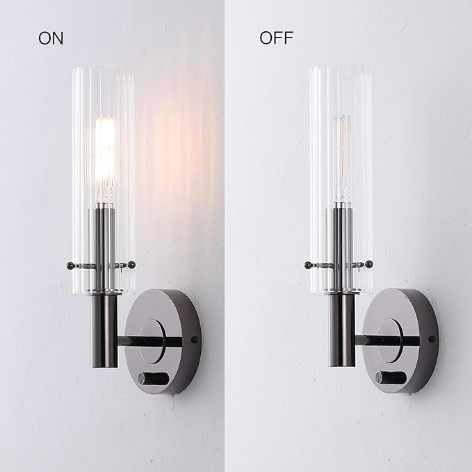 Black Bathroom Vanity Light Fixtures with Striped Clear Glass Shades Modern Wall Sconces Dimmer ON/Off Switch Indoor Wall Light for Mirror Living Room Bedroom Hallway Staircase