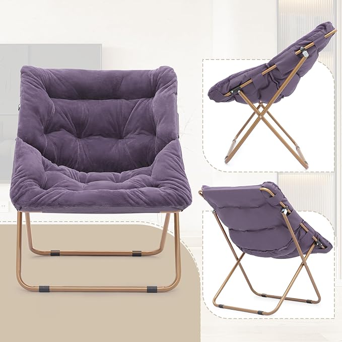 Athena Collection Saucer Chair for Adult, Square Comfy Cozy Chair Folding Chair Faux Fur Metal Frame Foldable Reading Chair Accent Chair for Bed Room Living Room Set of 2, Purple