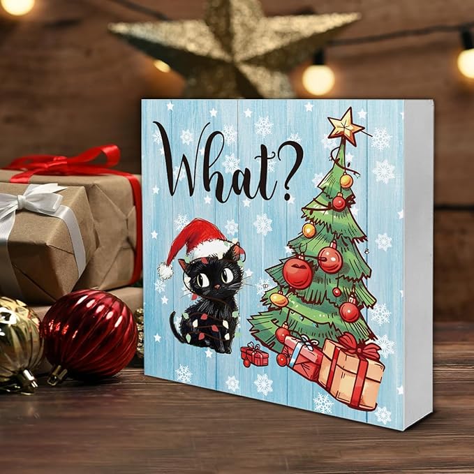 Funny Christmas Decorations, Black Cat Wooden Sign Decor, Christmas Tree Wooden Block Sign, Christmas Decor for Table Shelf 5 x 5 Inch