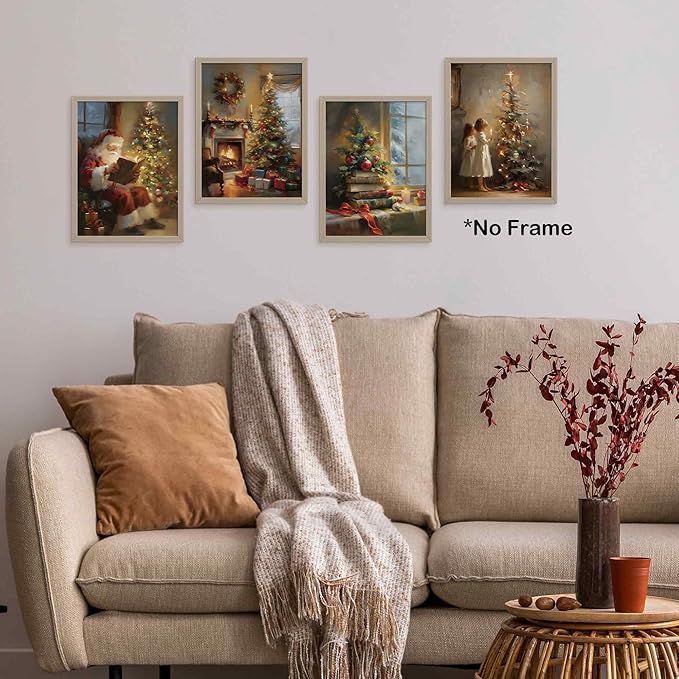TLESKE Vintage Winter Christmas Posters Prints Unframed Set of 4, Rustic Christmas Tree Wall Art Prints Decor for Living Room Bedroom Reading Nook Corner, Santa Claus Books Wall Pictures, 12x16 Inches