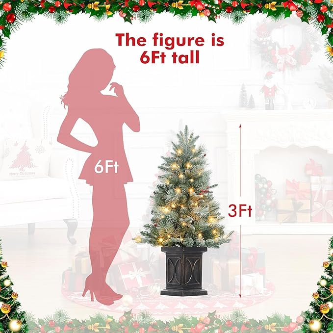 3ft Christmas Tree Pre-Lit Artificial Christmas Tree with Vintage Potted Base, Flocked Snow 78 Warm White LED Lights 8 Lighting Modes, Xmas Holiday Decor for Home, Entrances