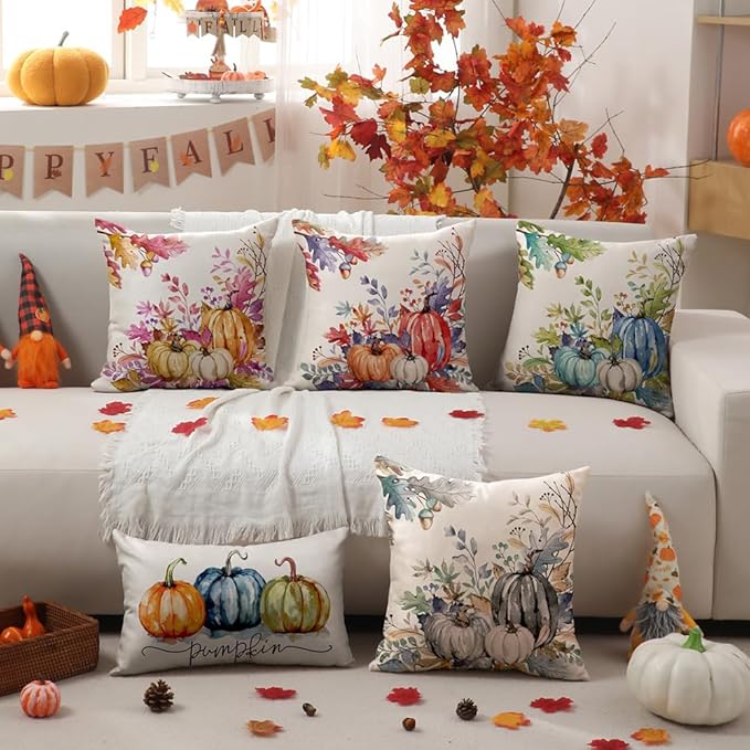 DFXSZ Fall Pillow Covers 18x18 inch Set of 2 Red Orange Pumpkin Fallen Leaves Decorative Outdoor Throw PillowCovers Autumn Thanksgiving Farmhouse Decoration for Home Couch TH27-P18