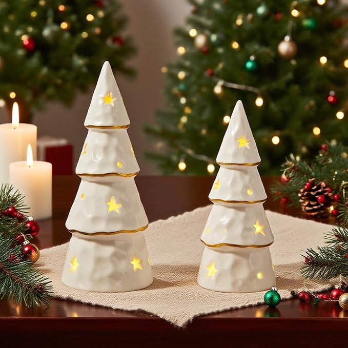 DN DECONATION White Christmas Ceramic Tree with Lights, Prelit Porcelain Tabletop Xmas Trees, 2Pcs Battery-Operated Christmas Tree Figurines for Christmas Mantel Desk Table Centerpieces Decor