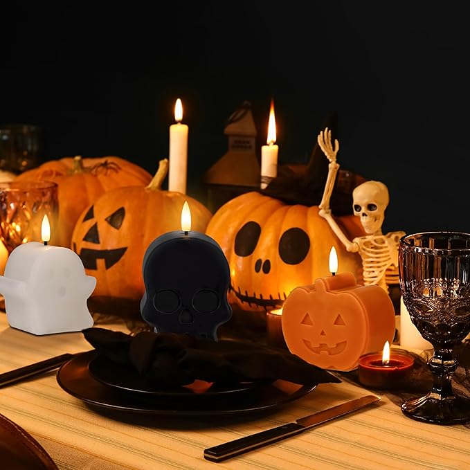 Halloween Flameless Candles with Remote, Real Wax Ghost, Pumpkin, Skull Battery Operated Candles, Flickering LED Fake Candle, Halloween Decorations for Table, fireplace, Home, Party, Festival Decor