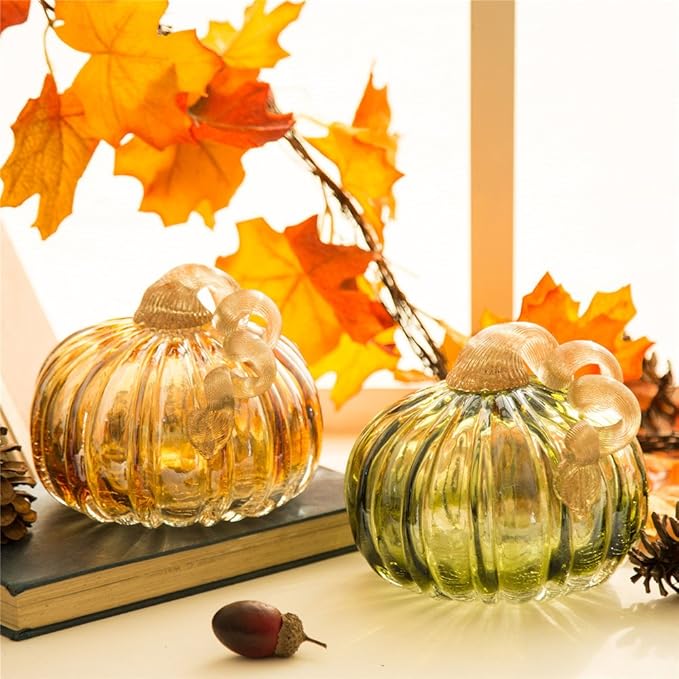 Glitzhome Hand Blown Two-Tone Crackle Glass Pumpkin Elegant Table Accent Amber 4.72 Inch