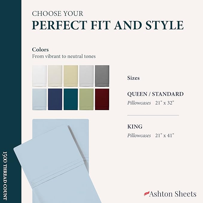 Ashton Sheets 100% Egyptian Cotton Pillow Cases King Size Set of 2-1500 Thread Count Sateen Weave Light Blue Pillow Covers, Silky Soft, Breathable & Cooling Pillowcases, Fits King Size Pillows