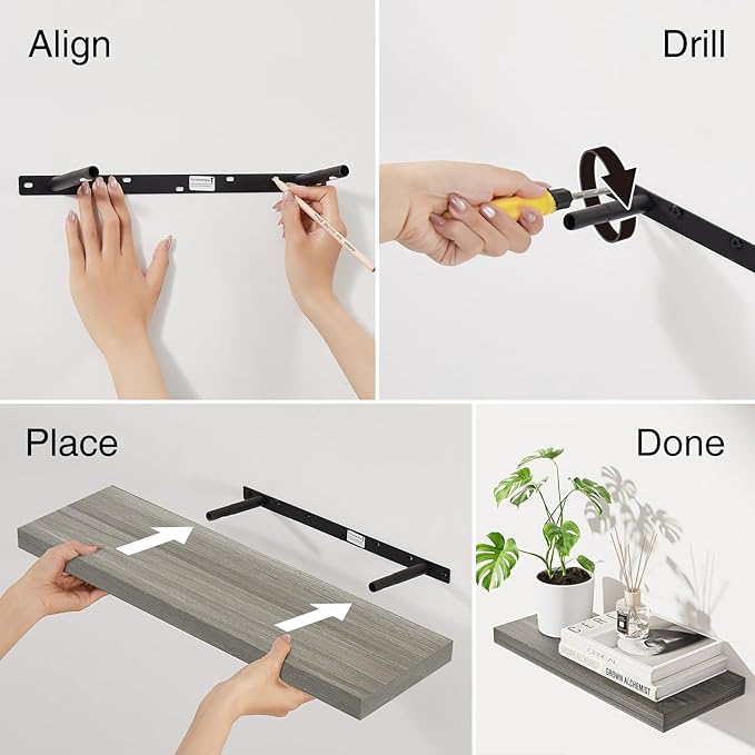 BAYKA Floating Shelves, 22.5 inch Rustic Wood Wall Mounted Shelves for Bathroom, Bedroom, Living Room, Kitchen, Hanging Shelf for Books/Storage/Decor (Grey,Set of 2)