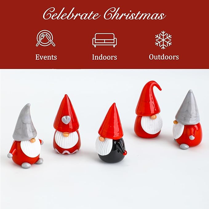 H&D HYALINE & DORA 5Pcs Glass Christmas Gnomes Figurines,Handmade Christmas Gnomes Decorations,Mini Glass Santa Figurines for Home Table Top Decor