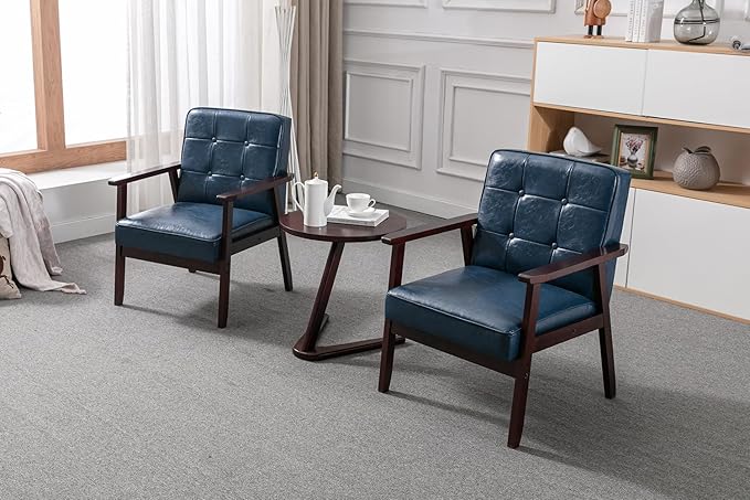 Okeysen Mid Century Modern Accent Chairs, Retro Wood and Leather Armchairs Side Chair, Lounge Reading Comfy Arm Chair for Living Room, Bedroom, Office (Blue)