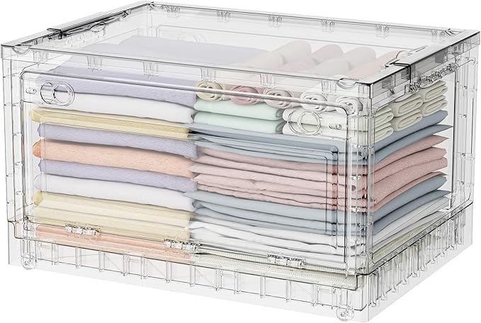 BROVIEW Clear Stackable Storage Bin Drawer, 80Qt Open Front Large Plastic Storage Bins with Lid and Wheels, Foldable Closet Organizer and Storage for Wardrobe Cabinet, Pantry, Makeup,1 Pack