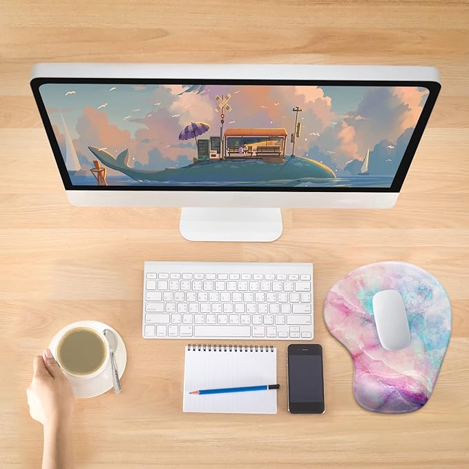 Hsurbtra Ergonomic Mouse Pad with Wrist Rest Support, Gel Mouse Pads with Non-Slip PU Base, Pain Relief Memory Foam Computer Mat, Cute Office Supplies Desk Decro Accessories, Colorful Marble
