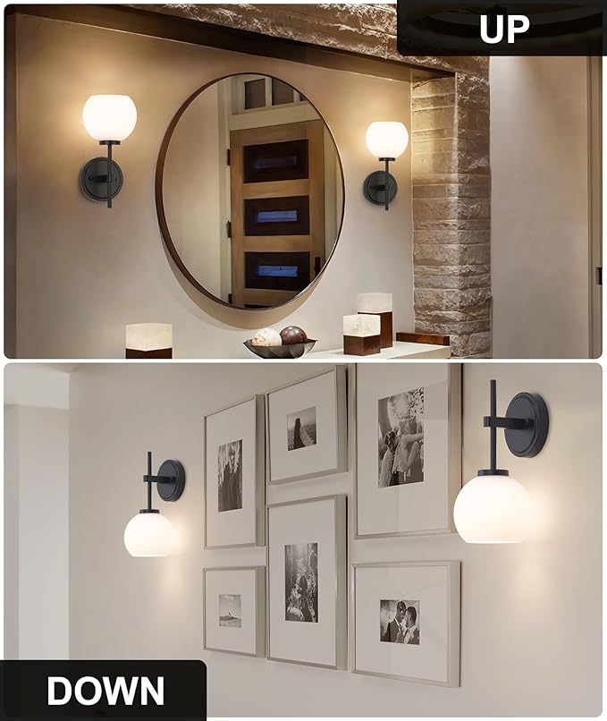 Black Wireless Rechargeable Wall Sconces with Remote Control, Battery Operated Wall Sconce Set of 2, LED Dimmable Wall Lights with Opal White Glass Shade, 12 Colors RGB & 3 CCT Bulb