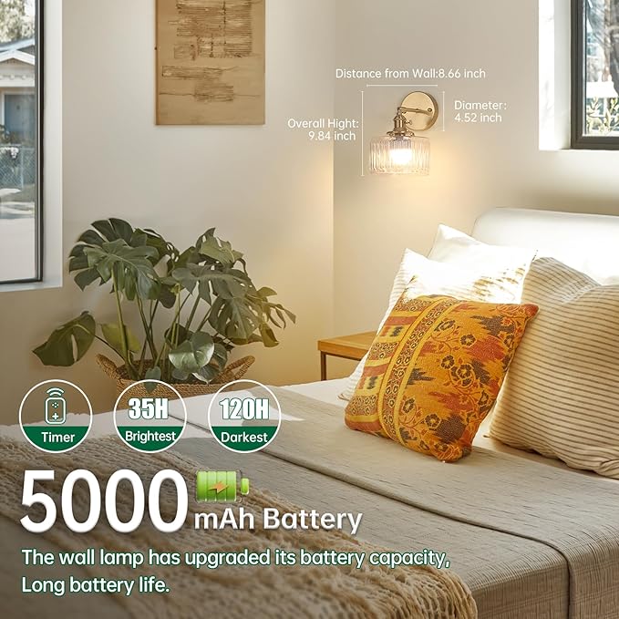 Vintage Battery Operated Wall Sconce with Clear Striped Glass Lampshade 5000 mAh Rechargeable Battery Powered Wall Light with Remote Control for Bedside Bedroom Doorway, Set of 2