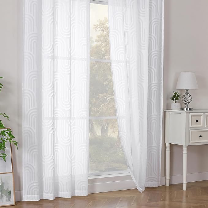 Simplebrand Sheer White Kitchen Curtains 36 Inch Length 2 Panels Set for Window, Soft Airy Geometric Jacquard Semi Sheer Curtains for Bathroom, Modern Rod Pocket Window Curtains, 42Wx36L Inches