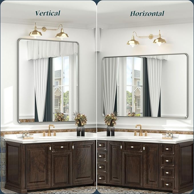 OKPAL 40 x 36 Silver Bathroom Mirror, Brushed Nickel Bathroom Vanity Mirror, Rounded Rectangle Beveled Silver Framed Mirror, Anti-Rust, HD Tempered Glass Wall Mirror(Horizontal/Vertical)