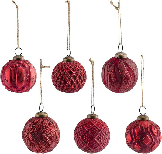 AuldHome Design Farmhouse Ball Ornaments (Set of 6, Red); Distressed Metal Glass Ball Vintage Style Christmas Decorations